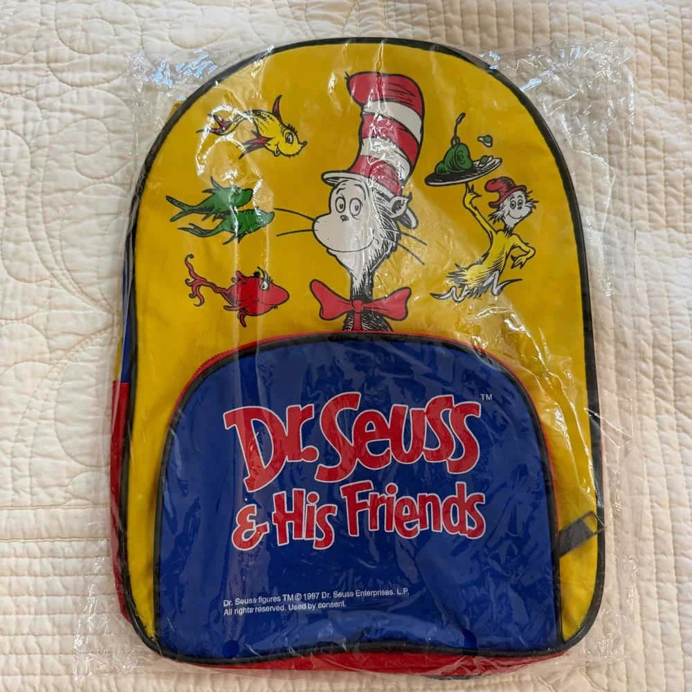 Vintage 1997 Dr Seuss and His Friends Cat in the Hat Kids Backpack Yellow Blue